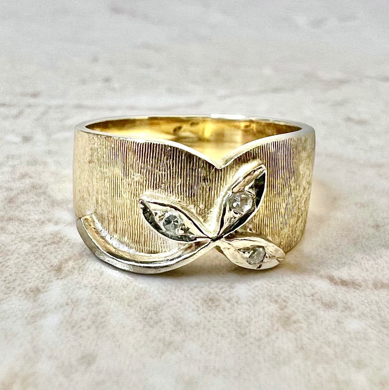 Vintage 1960’s Textured 14 Karat Yellow & White Gold Diamond Band Ring - WeilJewelry