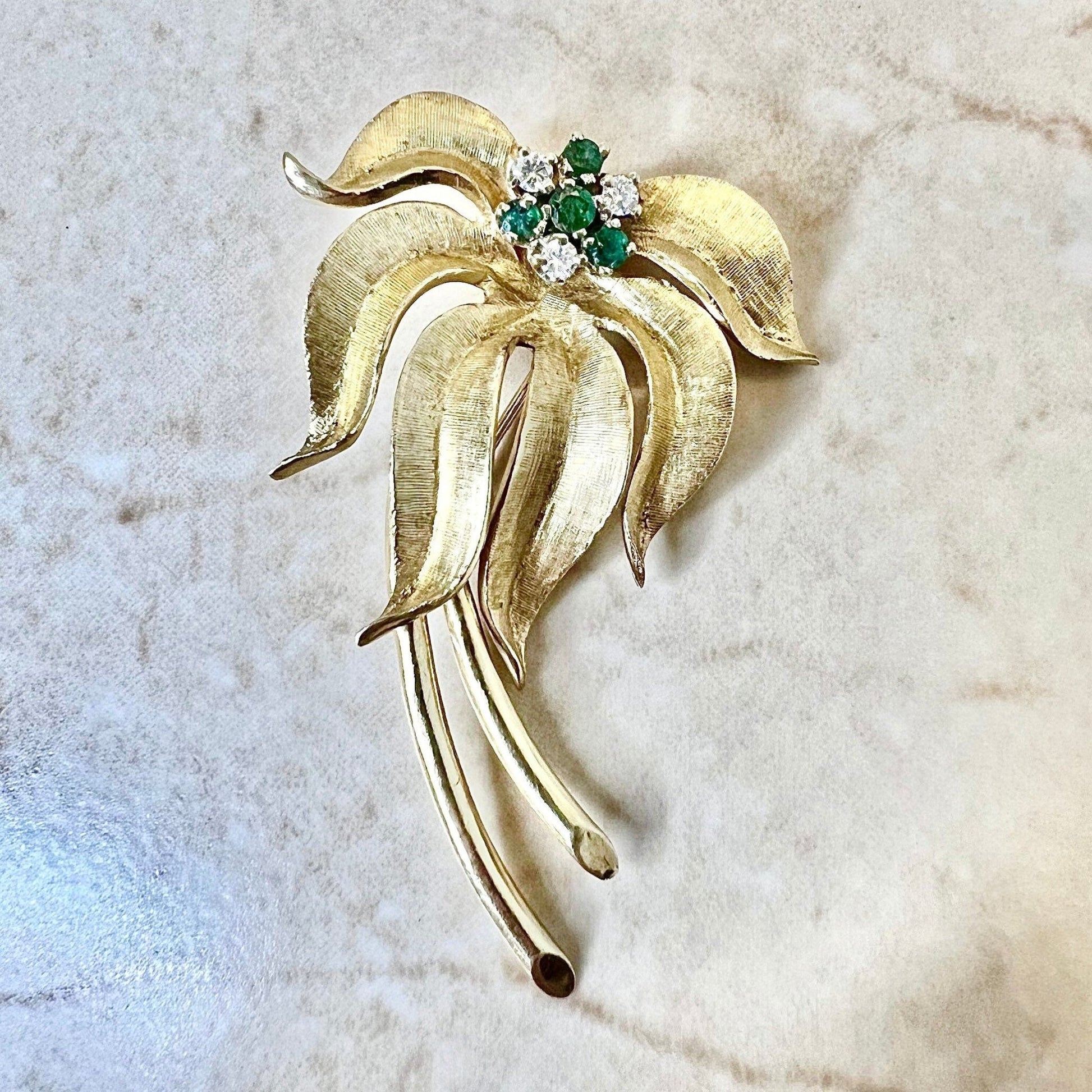 CLEARANCE 40% OFF - Vintage 1970’s 14 Karat Yellow Gold Emerald & Diamond  Flower Brooch
