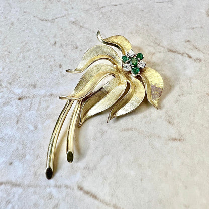 CLEARANCE 40% OFF - Vintage 1970’s 14 Karat Yellow Gold Emerald & Diamond Flower Brooch - WeilJewelry