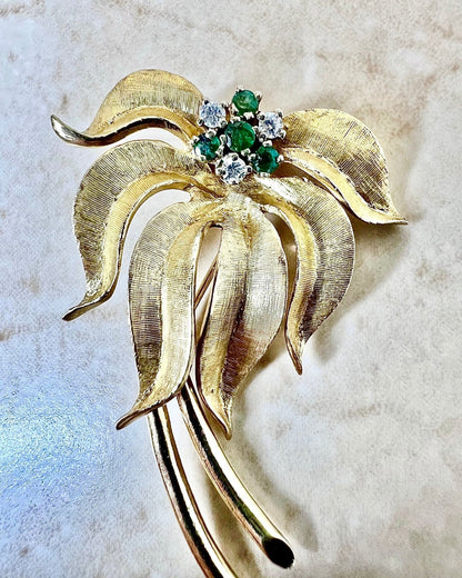 CLEARANCE 40% OFF - Vintage 1970’s 14 Karat Yellow Gold Emerald & Diamond Flower Brooch - WeilJewelry