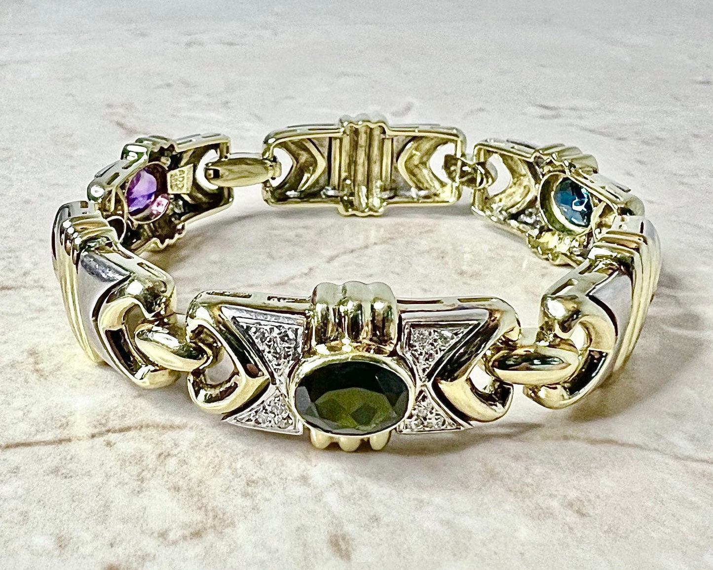 Vintage 14K Gemstone Bracelet By Denoir - 2 Tone Gold Bracelet - Blue Topaz, Green Sapphire, Amethyst & Diamond Bracelet -Vintage Bracelet