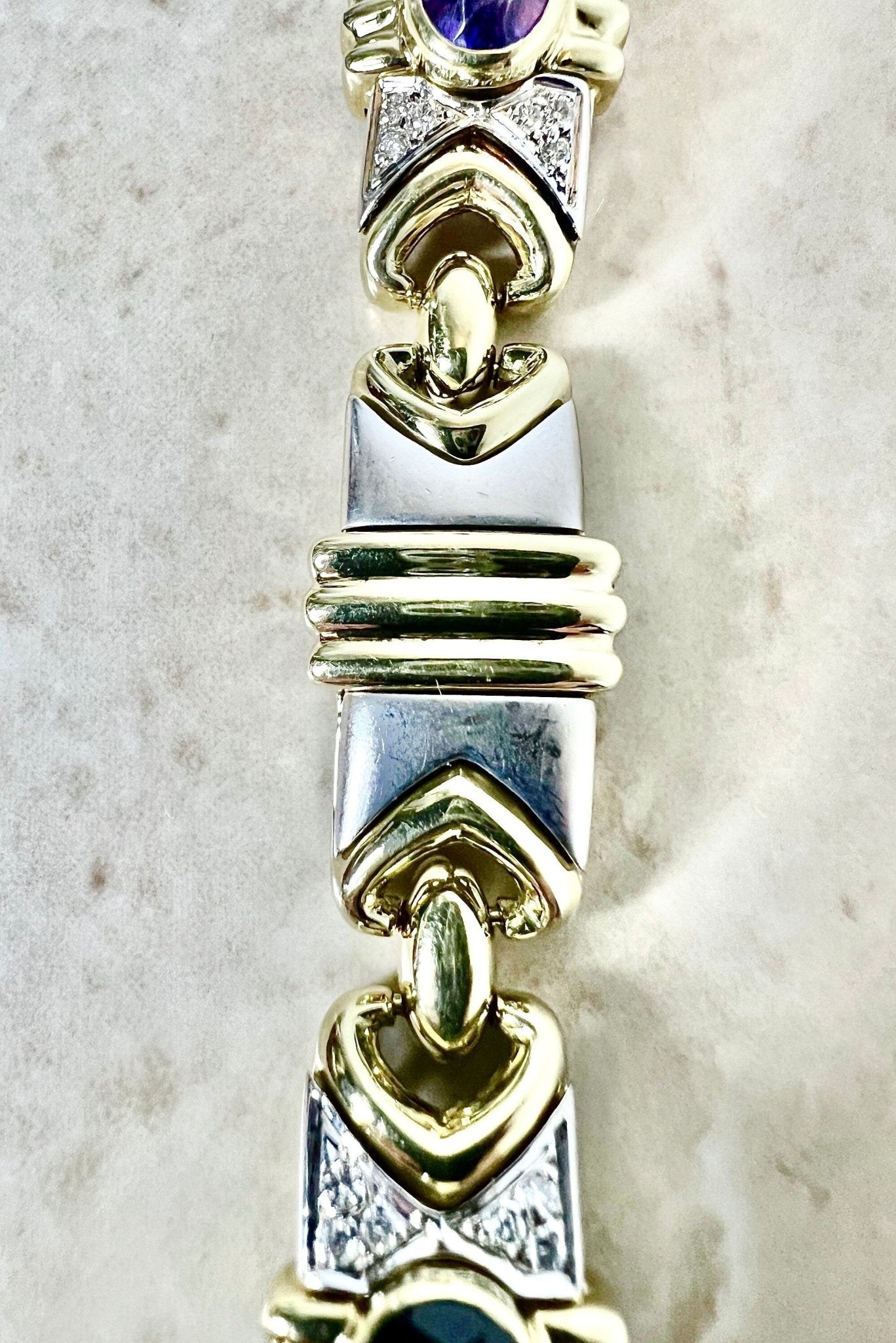 Vintage 14K Gemstone Bracelet By Denoir - 2 Tone Gold Bracelet - Blue Topaz, Green Sapphire, Amethyst & Diamond Bracelet -Vintage Bracelet