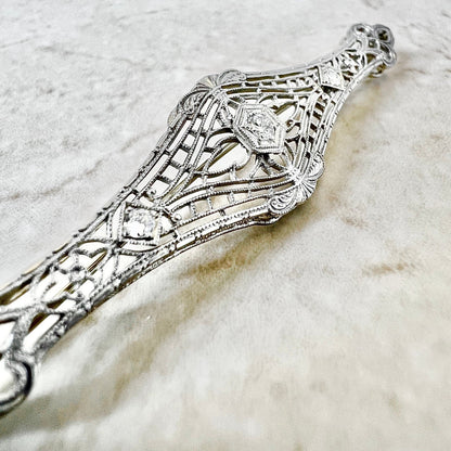 Vintage Art Deco Filigree Diamond Brooch - White Gold & Platinum - Diamond Pin - Art Deco Brooch - Holiday Gift - Gifts For Her