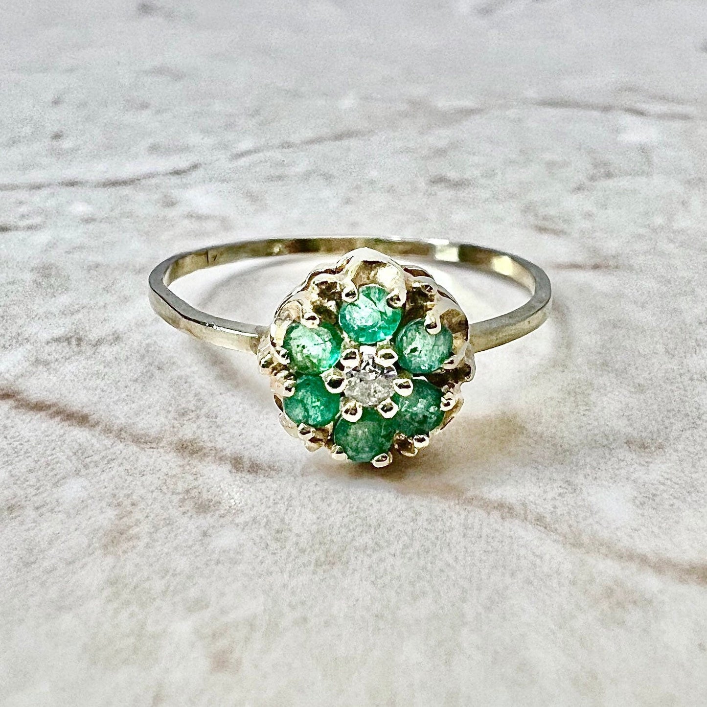 Vintage Art Deco 14 Karat Yellow Gold Natural Emerald & Diamond Halo Ring - WeilJewelry