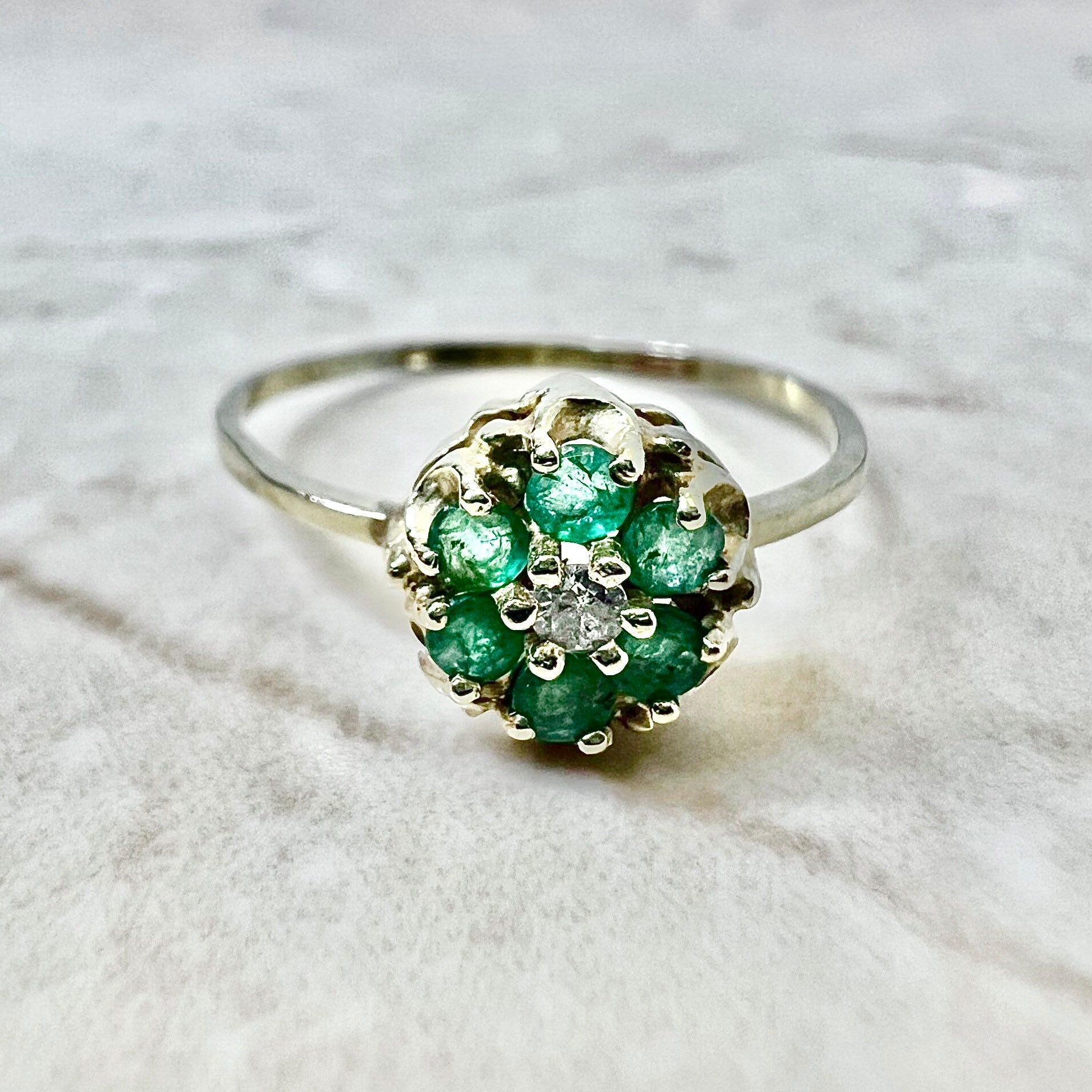 Vintage Art Deco 14 Karat Yellow Gold Natural Emerald & Diamond Halo Ring - WeilJewelry