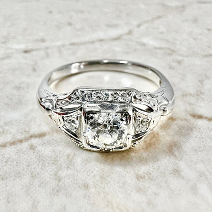 0.50 CT Vintage Art Deco Diamond Engagement Ring -  18K White Gold Art Deco Solitaire - Filigree Art Deco Ring - Diamond Solitaire Ring