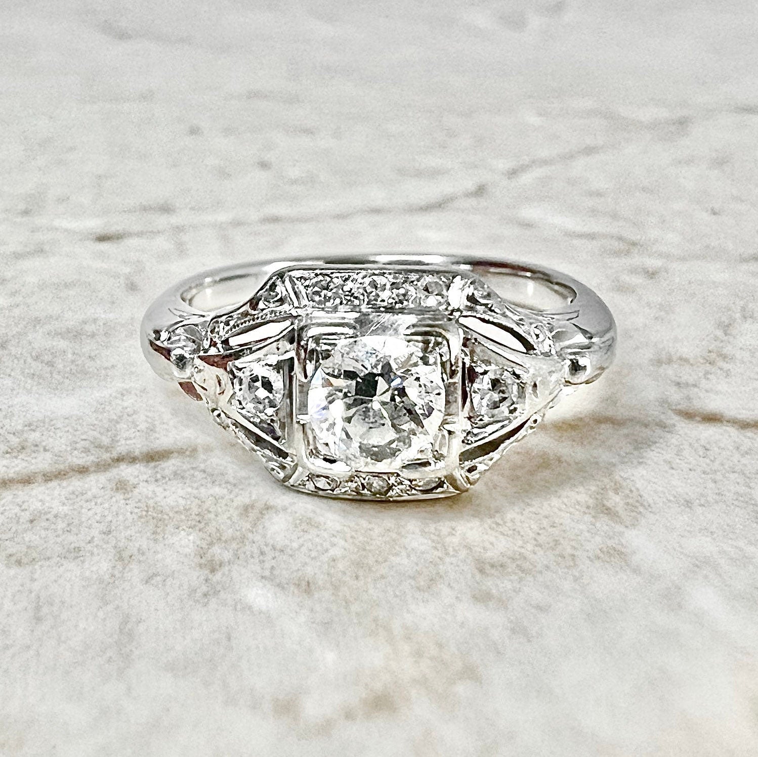 0.50 CT Vintage Art Deco Diamond Engagement Ring -  18K White Gold Art Deco Solitaire - Filigree Art Deco Ring - Diamond Solitaire Ring