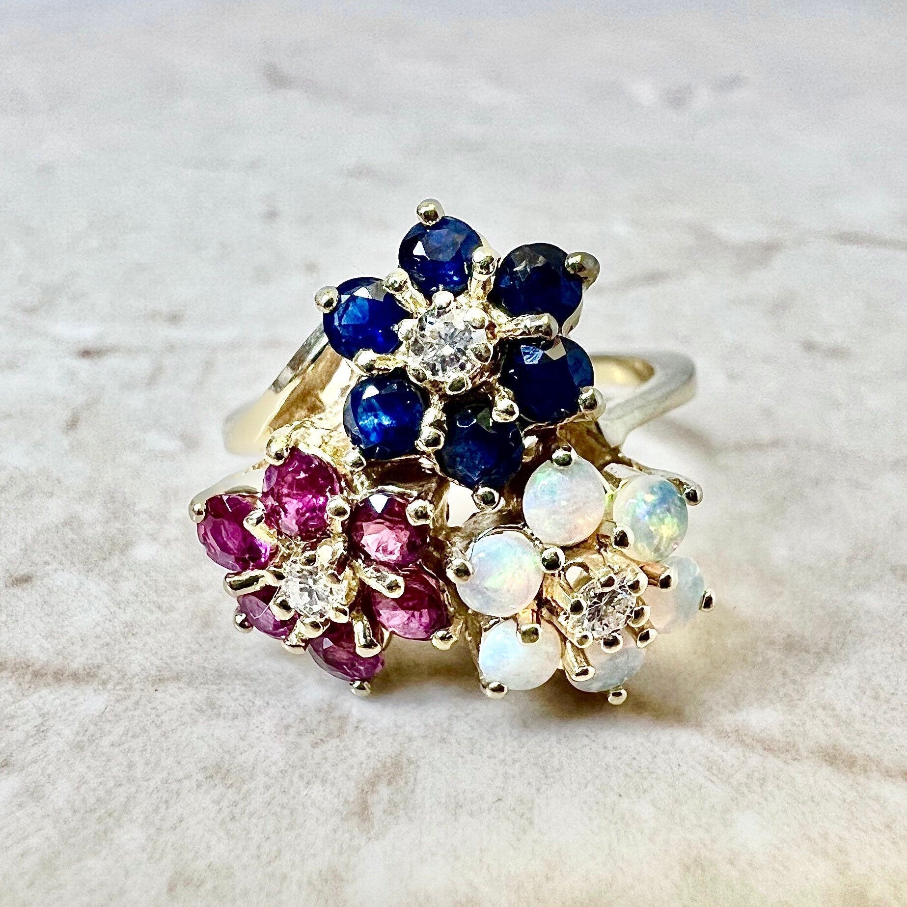 14K Floral Ruby, Sapphire, Opal & Diamond Cocktail Ring - Yellow Gold Flower Ring - Birthstone Ring - Best Birthday Gift For Her