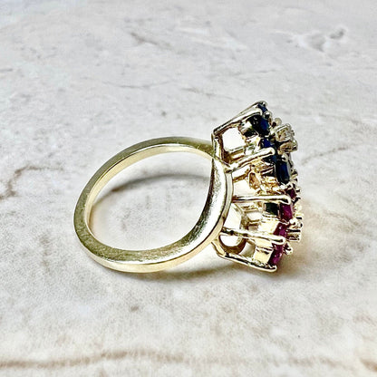 14K Floral Ruby, Sapphire, Opal & Diamond Cocktail Ring - Yellow Gold Flower Ring - Birthstone Ring - Best Birthday Gift For Her