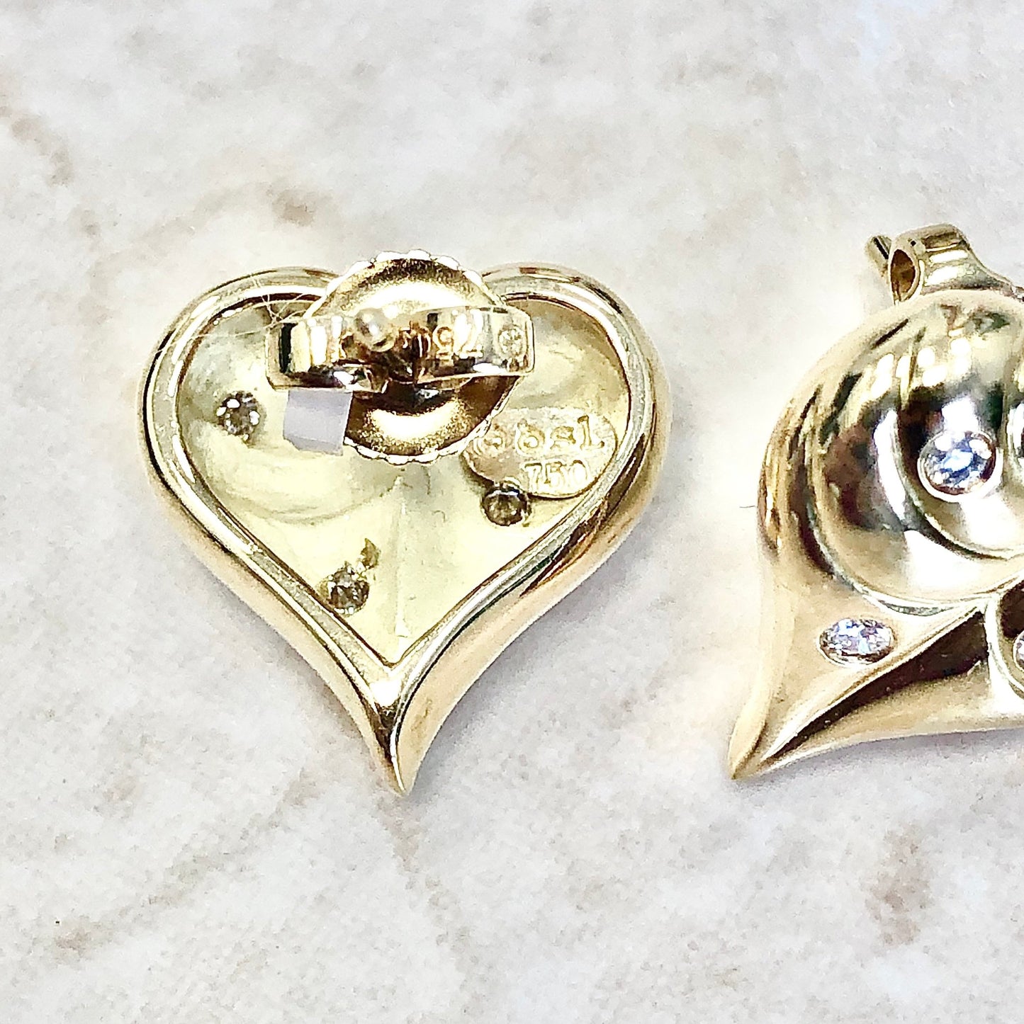 Vintage Handcrafted 18 Karat Yellow Gold Diamond Heart Earrings