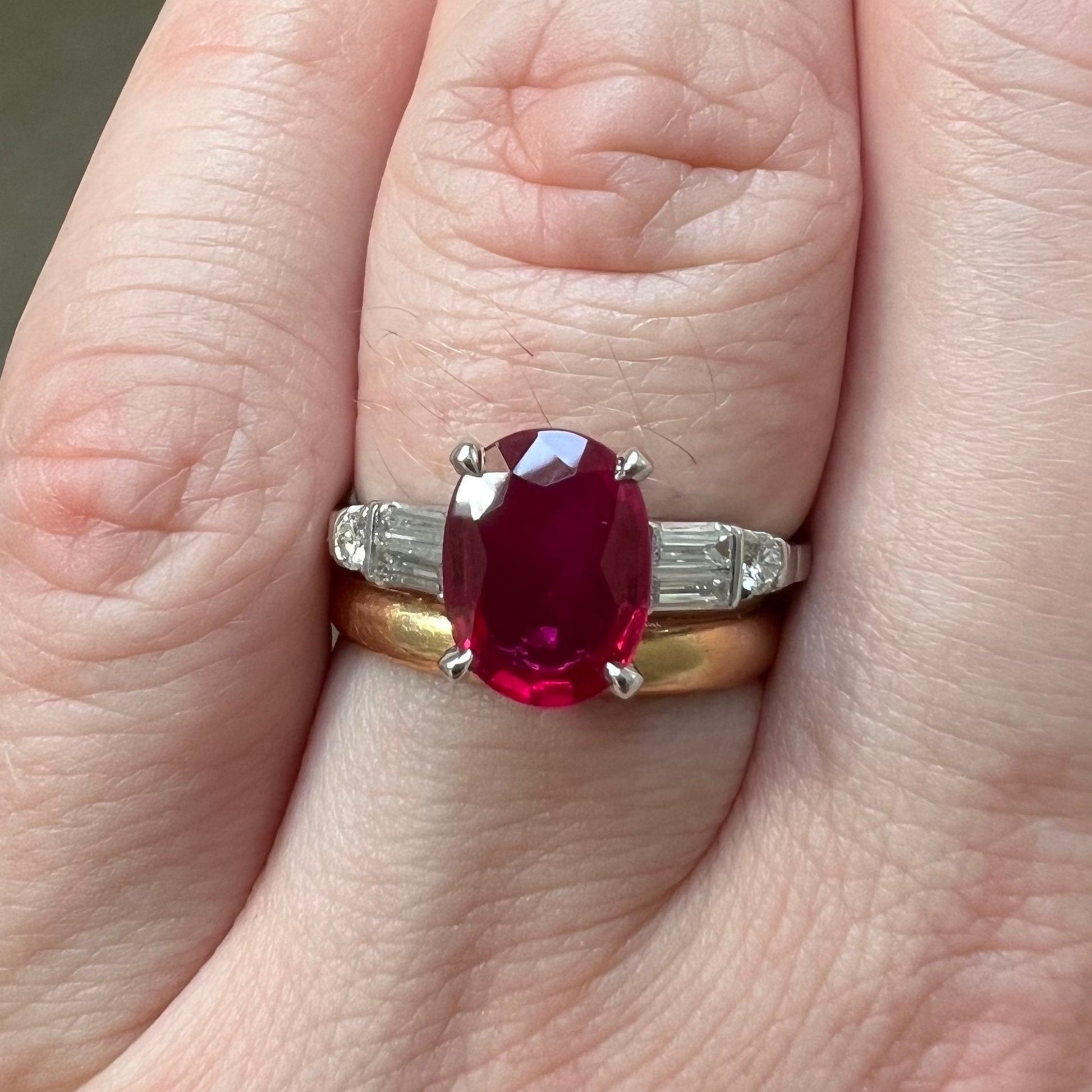 Vintage Handcrafted Platinum 2.05 Carat Oval Ruby & Diamond Engagement Ring By Carvin French - WeilJewelry