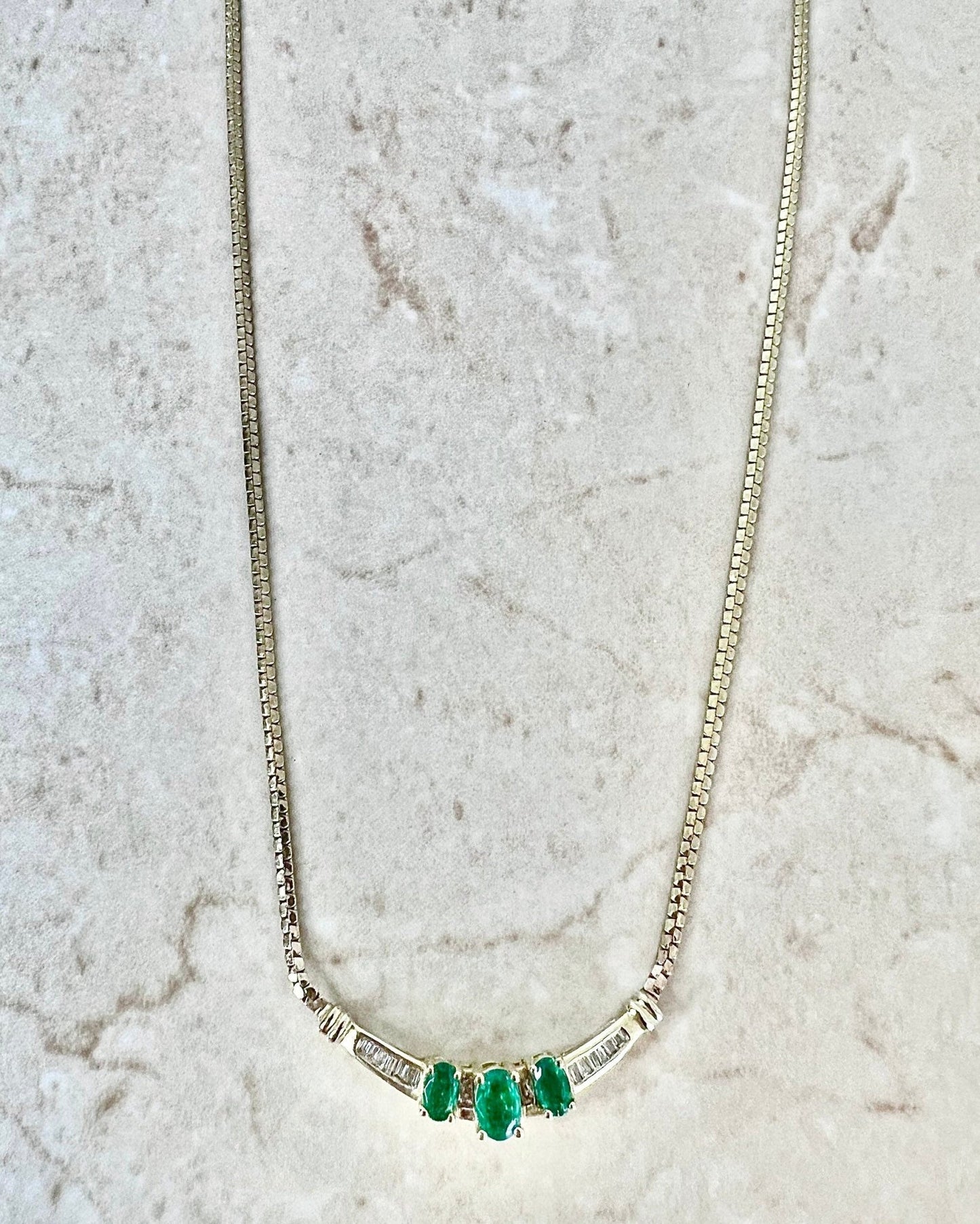 10K Vintage Italian Emerald And Diamond Necklace - 10 Karat Yellow Gold Emerald Pendant - Natural Emerald Necklace - May Birthstone