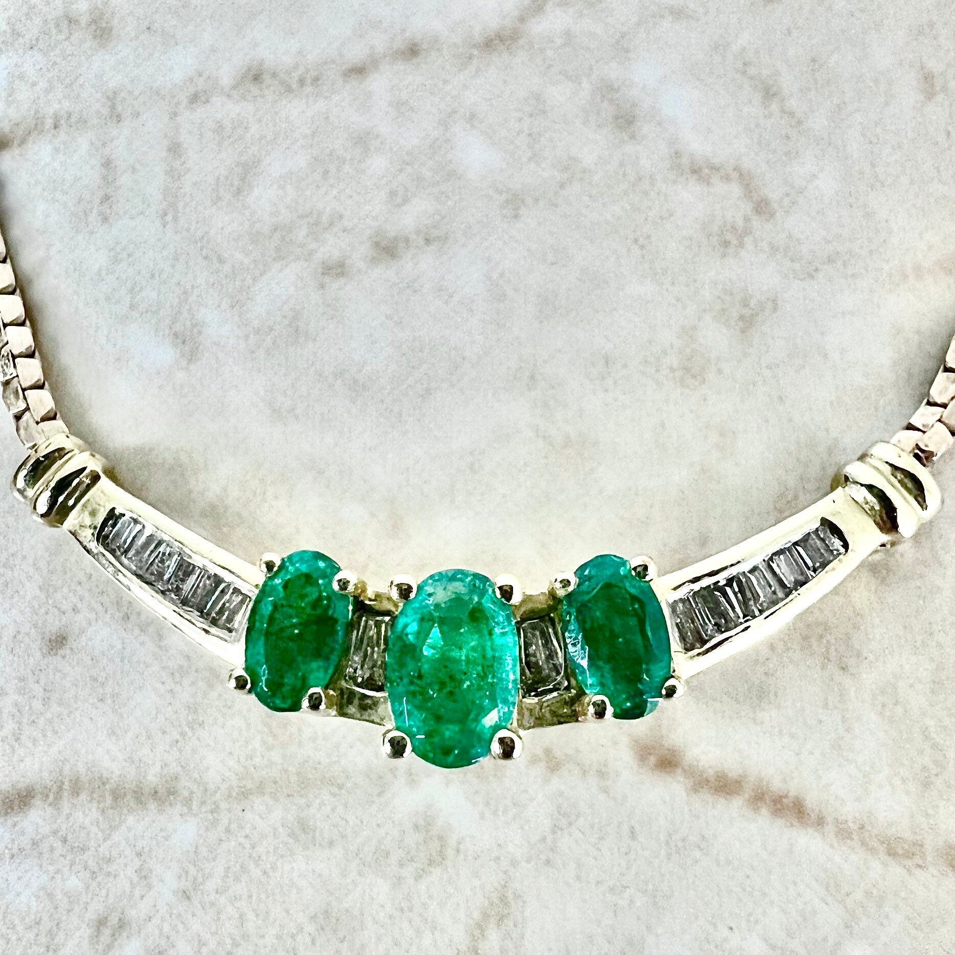 10K Vintage Italian Emerald And Diamond Necklace - 10 Karat Yellow Gold Emerald Pendant - Natural Emerald Necklace - May Birthstone