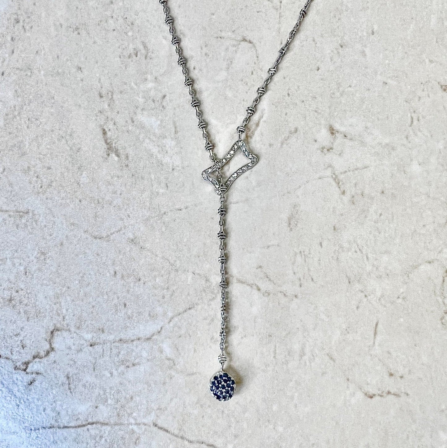 Vintage 14K Italian Sapphire & Diamond Lariat Necklace - White Gold Sapphire Necklace - September Birthstone - Birthday Gift For Her