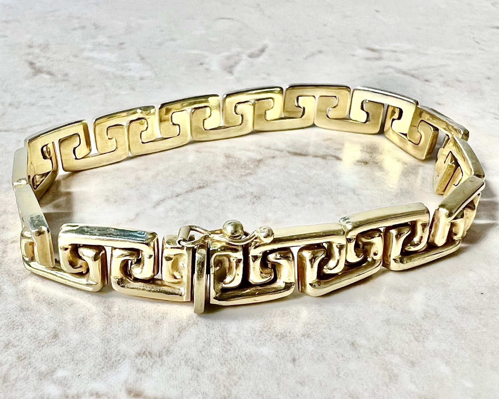 Vintage Italian 14K Yellow Gold Link Bracelet - Greek Key Bracelet - Solid Gold Bracelet -Vintage Bracelet-Christmas Gift-Best Gifts For Her