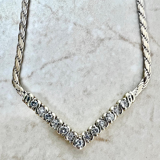 Vintage Italian 14 Karat Yellow Gold V Shape 1/2 Carat Diamond Necklace - WeilJewelry