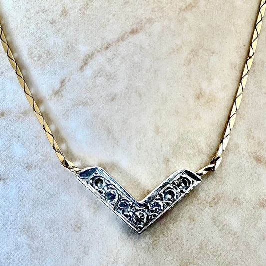 Vintage Italian 14 Karat Yellow & White Gold V Shape Diamond Necklace - WeilJewelry