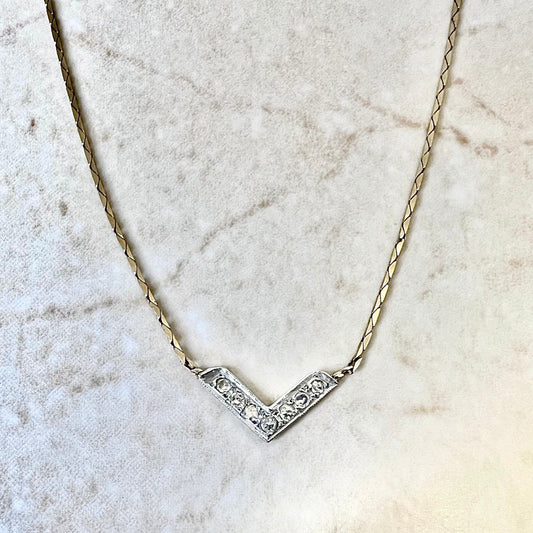 Vintage Italian 14 Karat Yellow & White Gold V Shape Diamond Necklace - WeilJewelry