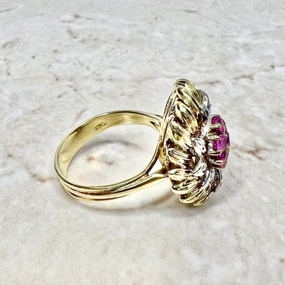 18K Vintage Italian Ruby Cocktail Ring - 18K Two Tone Gold Ruby Ring - Ruby & Diamond Ring - July Birthstone Ring - Ruby Flower Ring