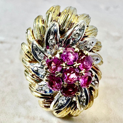 18K Vintage Italian Ruby Cocktail Ring - 18K Two Tone Gold Ruby Ring - Ruby & Diamond Ring - July Birthstone Ring - Ruby Flower Ring