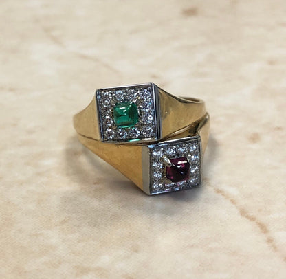 18K Vintage Italian Natural Emerald, Ruby Diamond Toi Et Moi Ring - Yellow Gold & Platinum Bypass Ring - Best Gifts For Her - Vintage Rings