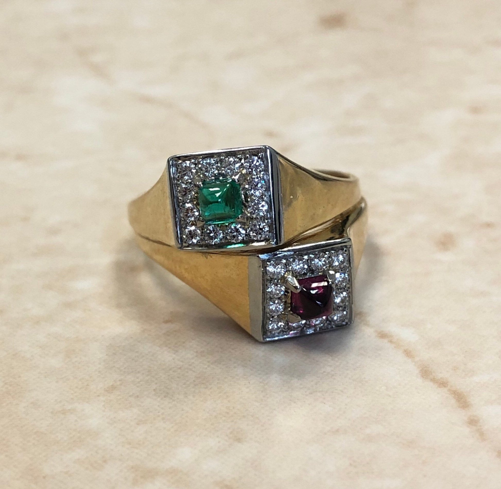 Vintage Italian 18 Karat Yellow Gold And Platinum Emerald, Ruby & Diamond Toi Et Moi Ring - WeilJewelry