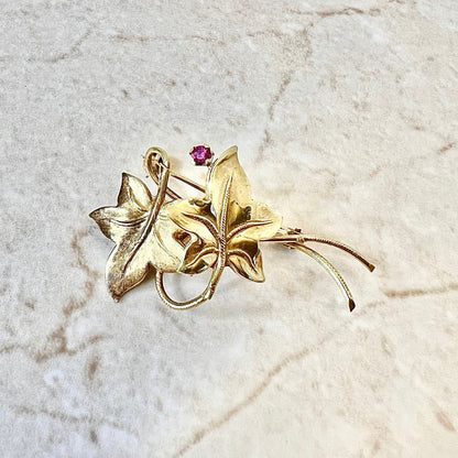 CLEARANCE 40% OFF - Vintage Italian 18 Karat Yellow Gold Synthetic Ruby Leaf Brooch - WeilJewelry