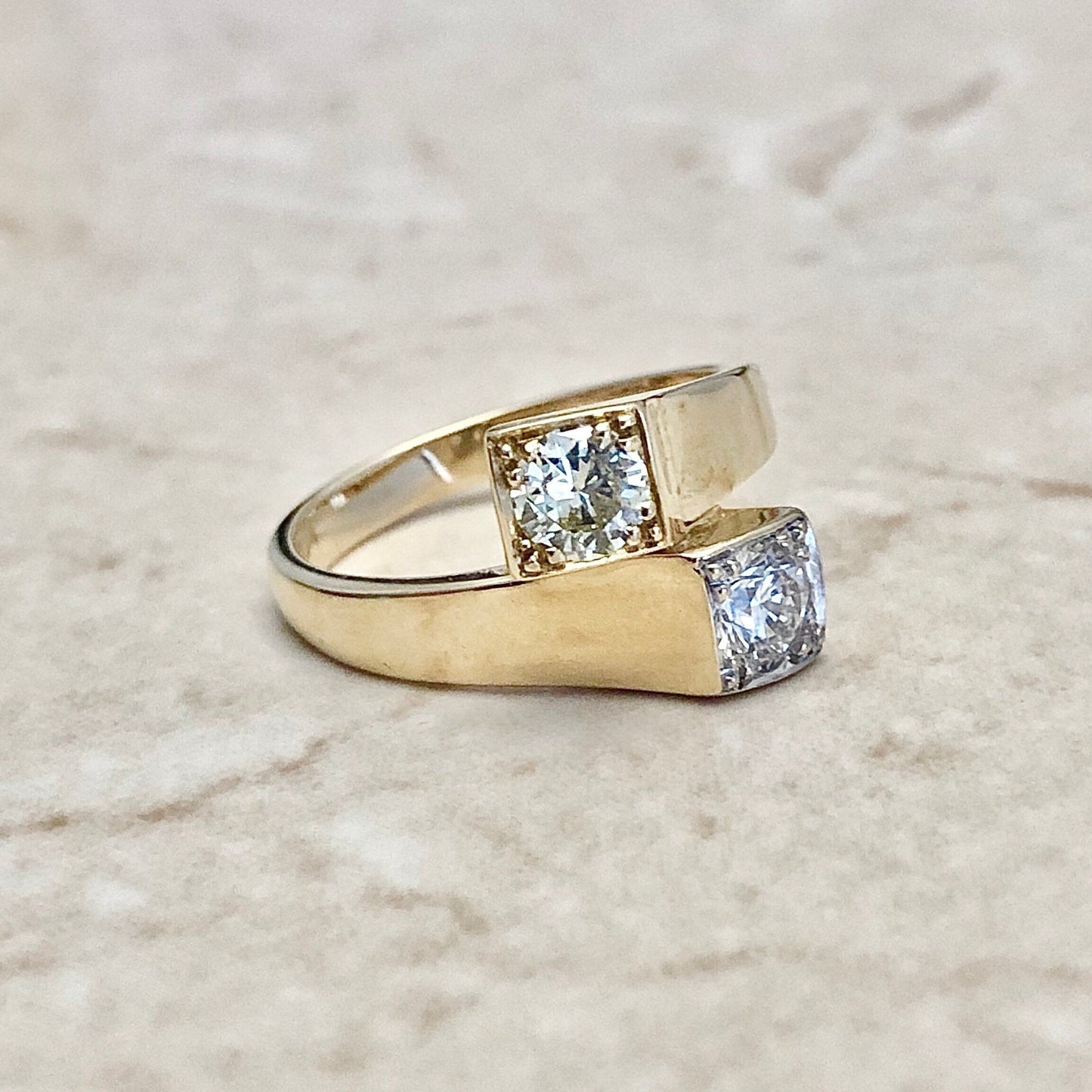 Vintage Italian Toi Et Moi Diamond & Yellow Diamond Ring - 18 Karat Yellow Gold Bypass Ring - Size 5.75 US