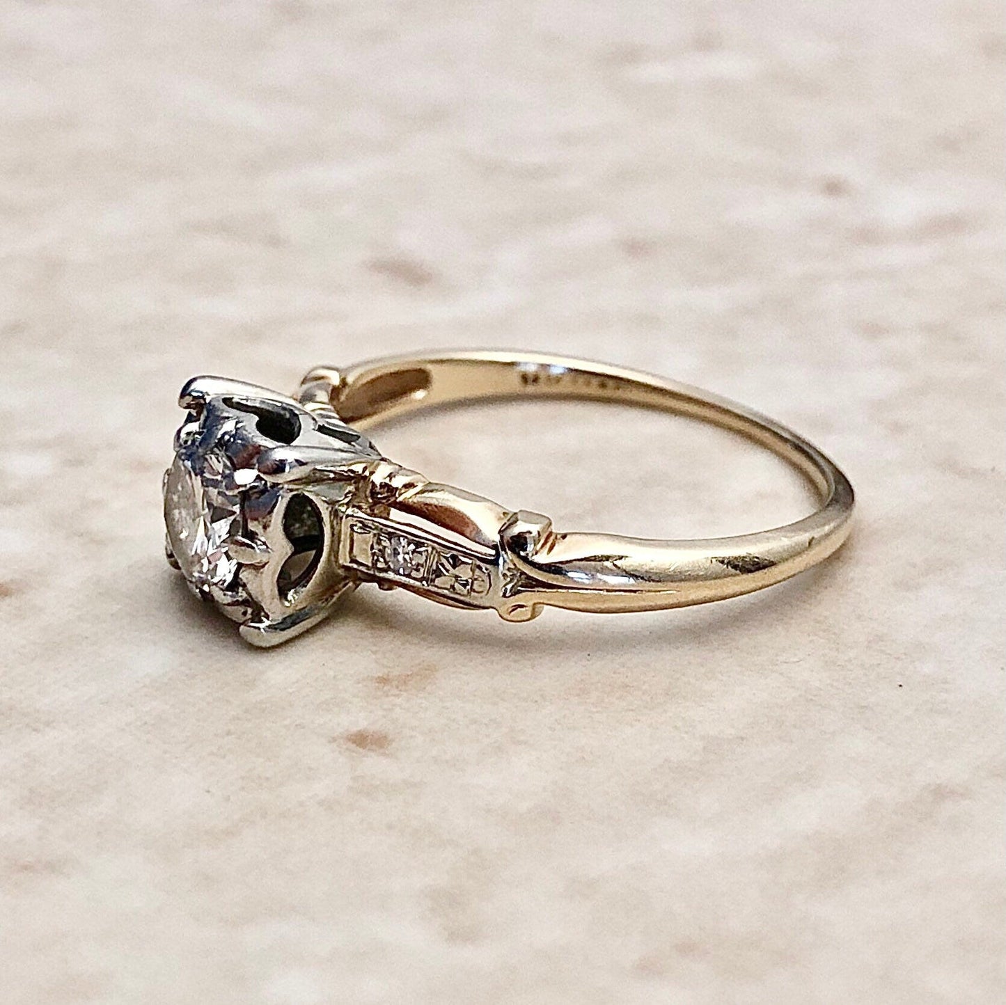 Vintage Retro Diamond Engagement Ring 0.57 CT - Circa 1940 -  14K Two Tone Gold - Vintage Solitaire - Wedding Ring - Bridal Jewelry