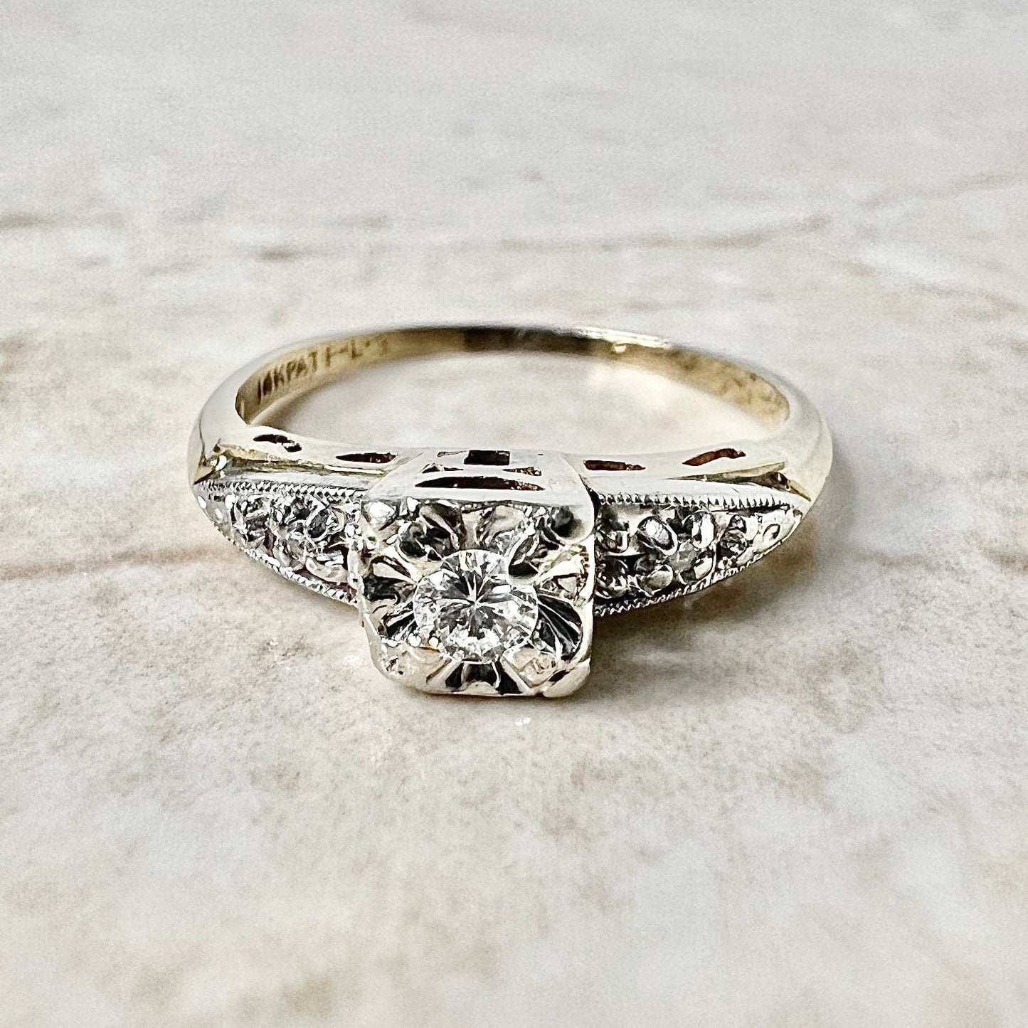 Vintage Retro Diamond Engagement Ring Circa 1940 -  14K Two Tone Gold Ring- Diamond Solitaire Ring -Vintage Solitaire - Diamond Wedding Ring