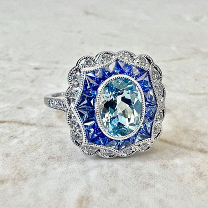 Very Fine Handcrafted Platinum Art Deco Style Oval Aquamarine, Sapphire & Diamond Halo Ring - Cocktail Ring - Engagement Ring - Promise Ring
