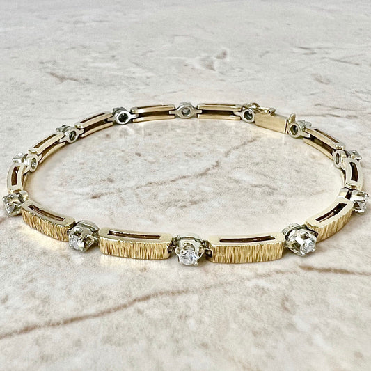 Vintage 14K Textured Diamond Tennis Bracelet - Two Tone Gold Bracelet - Yellow Gold Diamond Bracelet - Vintage Bracelet - Best Gift For Her